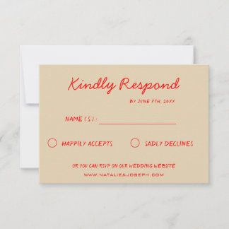 Red Bright farbenfroher Retro Fun Funky Wedding RSVP Karte