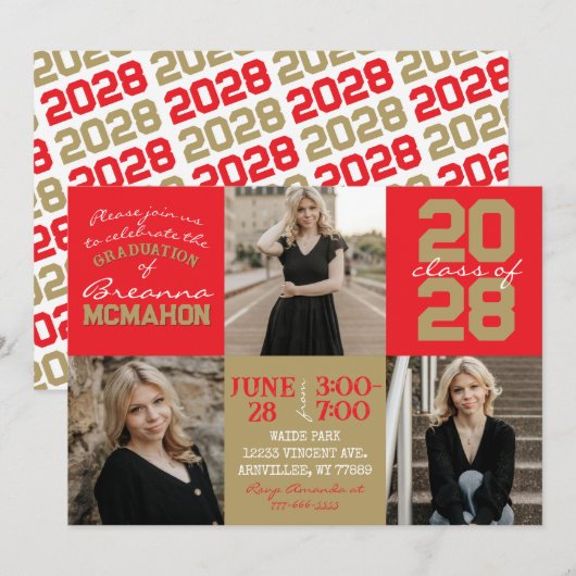 Red & Bronze Gold 3 Foto Abschluss Einladung (Vorne/Hinten)