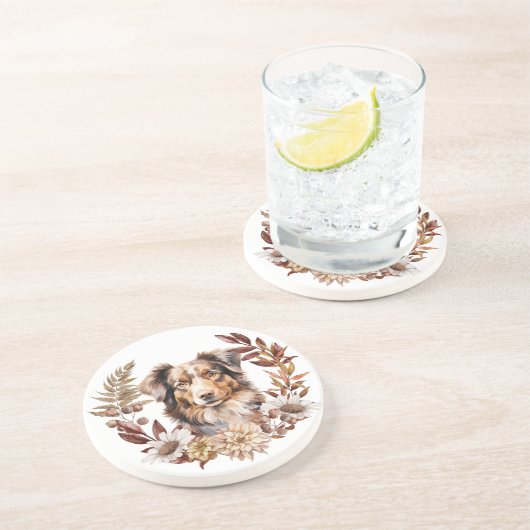 Red Brown Australian Shepherd Dog Herbstkranz Getränkeuntersetzer (Seite)