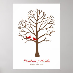 Red Brown Birds Fingerprint Tree Hochzeit Poster