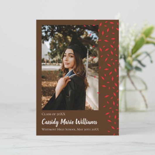 Red Brown Confetti Abschluss Ankündigung (Stehend Vorderseite)