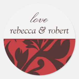 Red Brown Damask Individuelle Name Hochzeit Einlad Runder Aufkleber