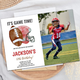 Red Brown Football Geburtstag Einladung mit Foto
