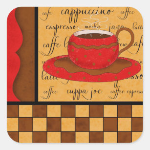 Red Brown Gold Whimsy Coffee Cup Art Quadratischer Aufkleber