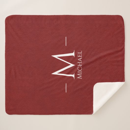 Red Brown Leather Look Custom Monogram Name Sherpadecke (Vorderseite (Horizontal))