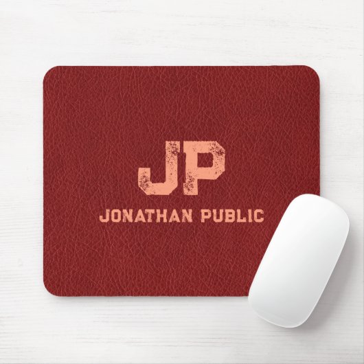 Red Brown Leather Look Distressed Monogram Name Mousepad (Mit Mouse)