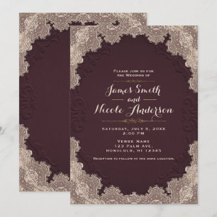 Red Brown Süede Leather Vintag Lace Wedding Einladung