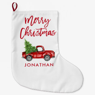 Red Brush Script Vintag Red Truck Tree Großer Weihnachtsstrumpf
