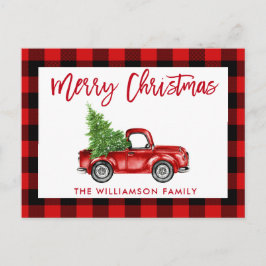 Red Brush Script Vintag Truck Weihnachten Kariert Postkarte