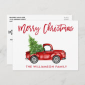 Red Brush Script Vintag Truck Weihnachtsbaum Postkarte (Vorne/Hinten)