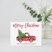 Red Brush Script Vintag Truck Weihnachtsbaum Postkarte (Stehend Vorderseite)