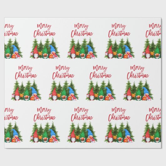 Red Brush Script Weihnachten Wasserfarben Gnomes B Geschenkpapier (Flach)