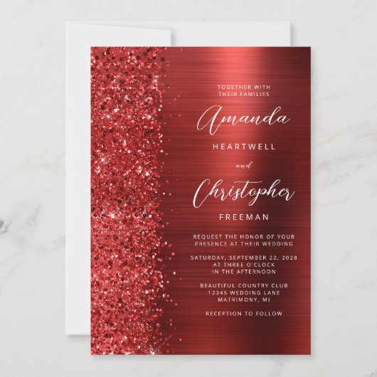 Red Brushed Metal Glitter Script Hochzeit Einladung (Vorderseite)