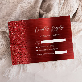 Red Brushed Metal Glitter Script Wedding RSVP Karte