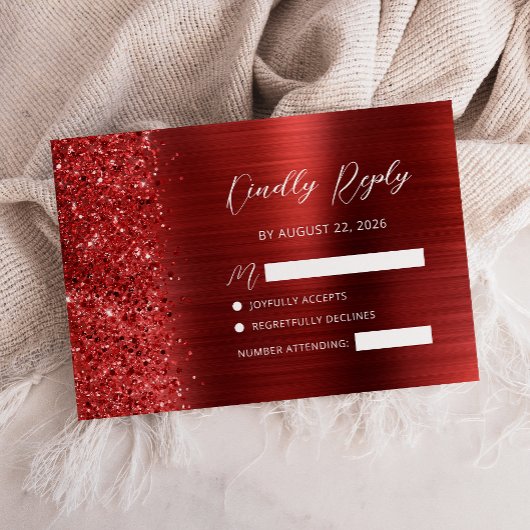 Red Brushed Metal Glitter Script Wedding RSVP Karte