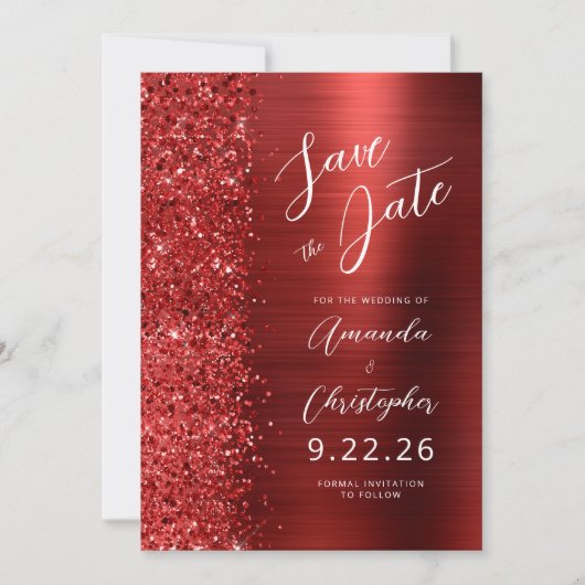 Red Brushed Metal Script Save the Date Ankündigung (Vorderseite)
