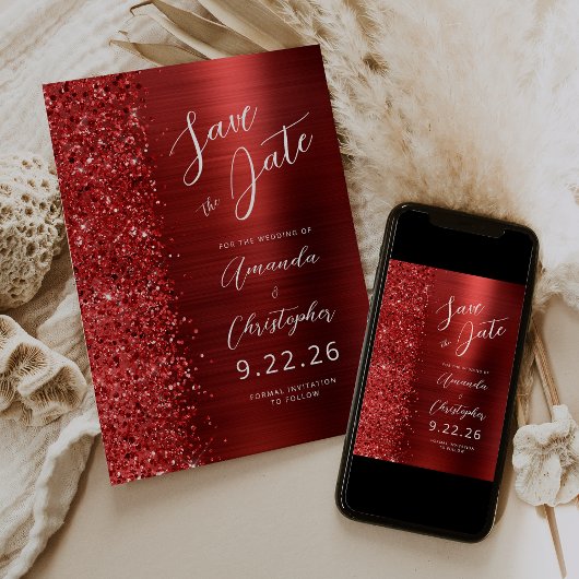 Red Brushed Metal Script Save the Date Ankündigung