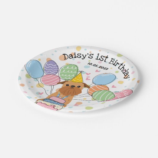 Red Brussels Griffon Dog Birthday Party Pappteller (Schrägansicht)