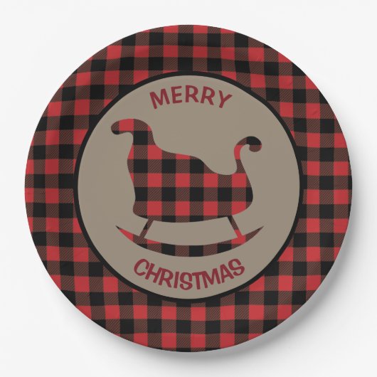 Red Buffalo Kariert Border Christmas Sleigh Pappteller (Vorderseite)