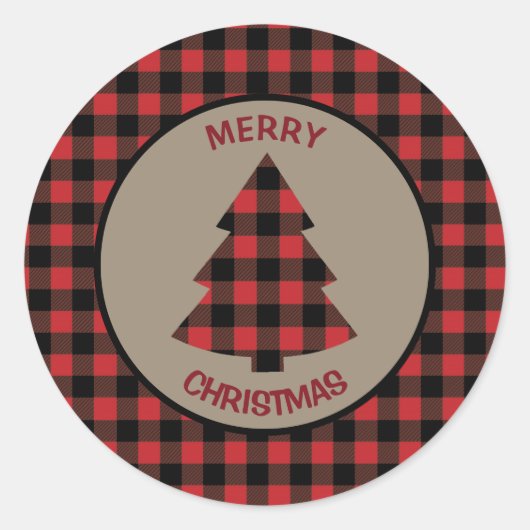 Red Buffalo Kariert Border Weihnachtsbaum Runder Aufkleber (Vorderseite)