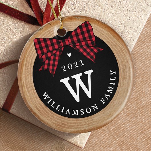 Red Buffalo Kariert Bow Monogram & Foto Wood Slice Keramik Ornament