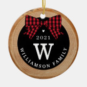 Red Buffalo Kariert Bow Monogram & Foto Wood Slice Keramik Ornament (Vorne)