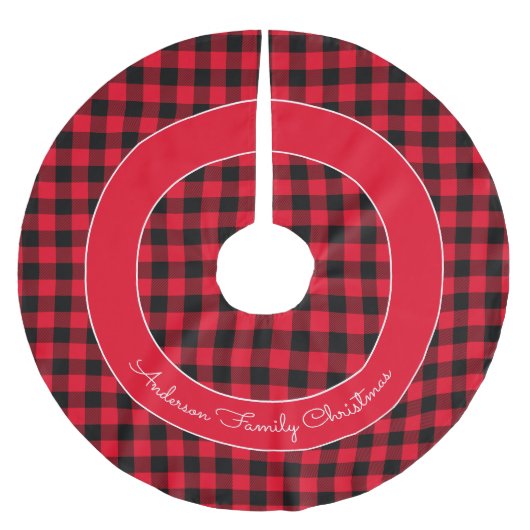 Red Buffalo Kariert Familienname Rustikale Weihnac Polyester Weihnachtsbaumdecke (Vorderseite)