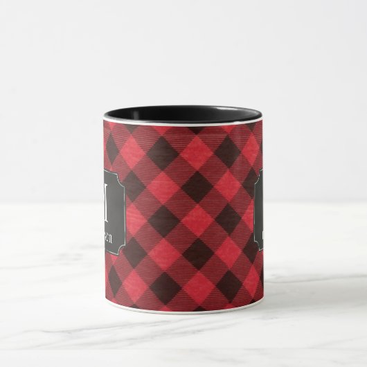 Red Buffalo Kariert Flannel Mit Monogramm Name Tasse (Zentrum)