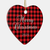 Red Buffalo Kariert Frohe Weihnachts Couple Foto Keramik Ornament (Rechts)