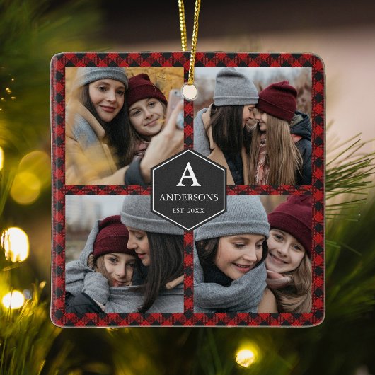 Red Buffalo Kariert Lumberjack Familienfoto Collag Keramikornament