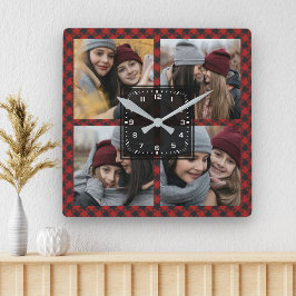 Red Buffalo Kariert Lumberjack Familienfoto Collag Quadratische Wanduhr