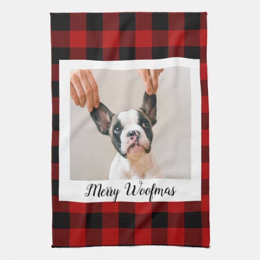 Red Buffalo Kariert & Merry Woofmas mit Hund-Foto Geschirrtuch (Vertikal)