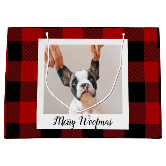 Red Buffalo Kariert & Merry Woofmas mit Hund-Foto Große Geschenktüte (Vorderseite)