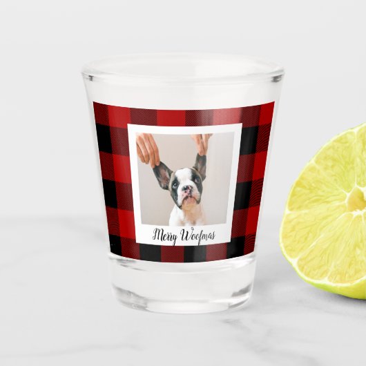 Red Buffalo Kariert & Merry Woofmas mit Hund-Foto Schnapsglas (Vorderseite)