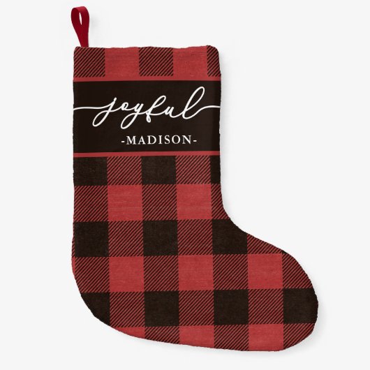 Red Buffalo Kariert mit Joyful Script Christmas Kleiner Weihnachtsstrumpf (Vorderseite)