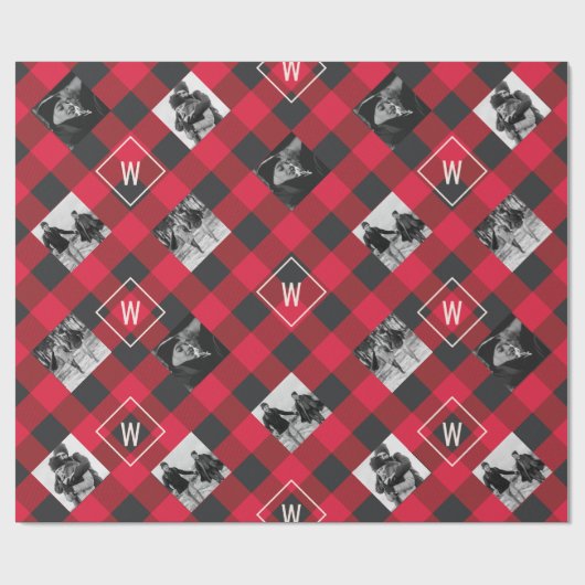 Red Buffalo Kariert | Monogramm und Fotos Weihnach Geschenkpapier (Flach)