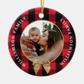 Red Buffalo Kariert Pattern Gold Bow Family Foto Keramik Ornament (Vorne)