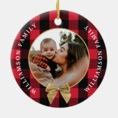 Red Buffalo Kariert Pattern Gold Bow Family Foto Keramik Ornament (Hinten)