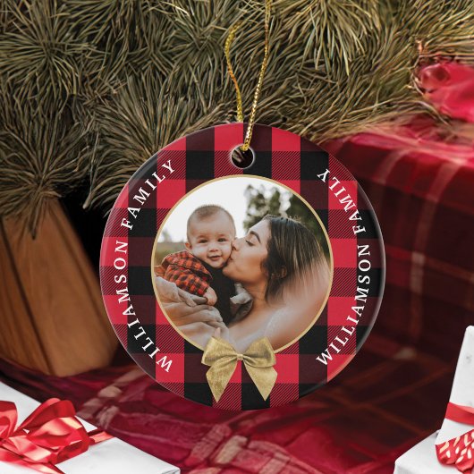 Red Buffalo Kariert Pattern Gold Bow Family Foto Keramik Ornament