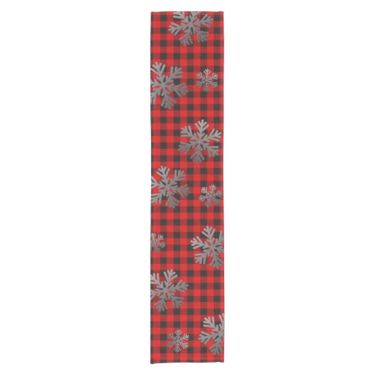 Red Buffalo Kariert Silver Glitzer Schneeflocken Kurzer Tischläufer (Vorderseite)