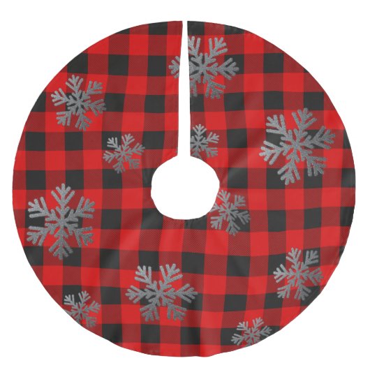 Red Buffalo Kariert Silver Glitzer Schneeflocken Polyester Weihnachtsbaumdecke (Vorderseite)