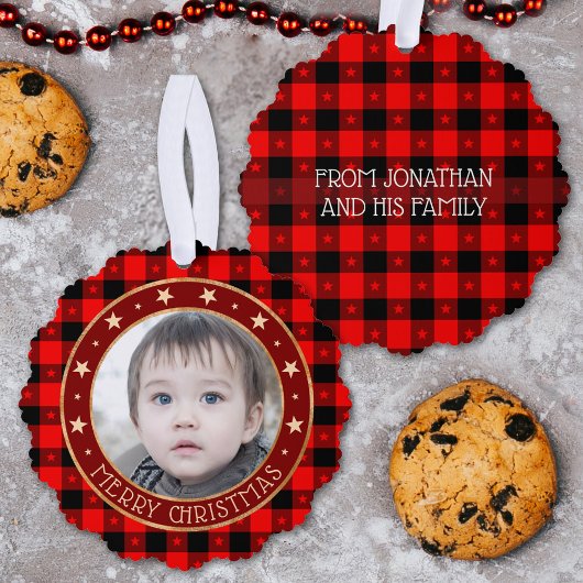 Red Buffalo Kariert & Stars Frohe Weihnachten Cust Ornament Karte