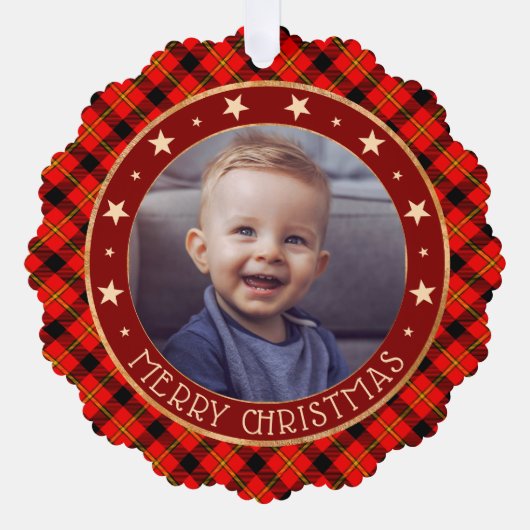 Red Buffalo Kariert & Stars Frohe Weihnachten Cust Ornament Karte (Vorderseite)