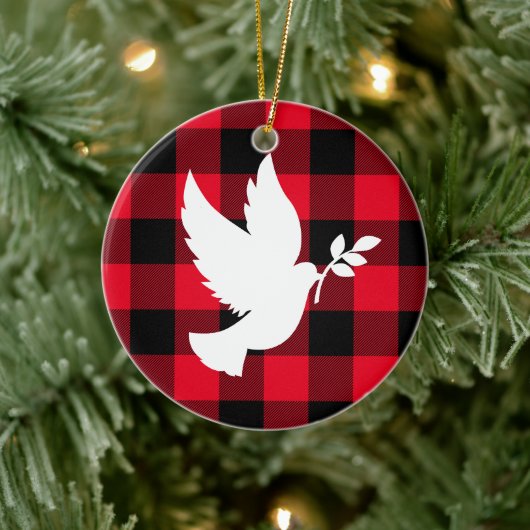 Red Buffalo Kariert und White Peace Dove Keramik Ornament (Baum)