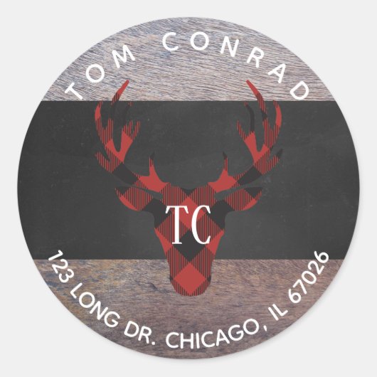 Red Buffalo Karierter Hirschkopf Monogram Address  Runder Aufkleber (Vorderseite)