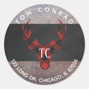 Red Buffalo Karierter Hirschkopf Monogram Address  Runder Aufkleber
