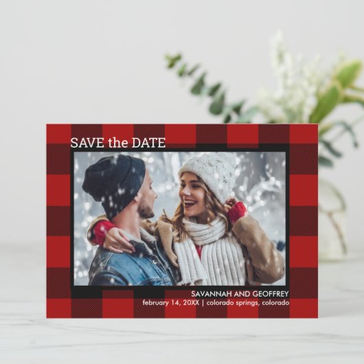 Red Buffalo Kariertes Foto Hochzeit Save The Date (Stehend Vorderseite)