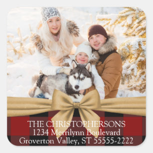 Red Buffalo Karo & Bow Foto Rücksendeadresse Quadratischer Aufkleber