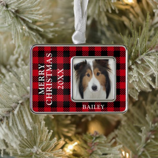 Red Buffalo Karo Dog Foto Personalisiert Rahmen-Ornament Silber (Baum)