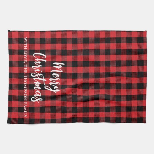 Red Buffalo Karo Frohe Weihnachten Custom Geschirrtuch (Horizontal)